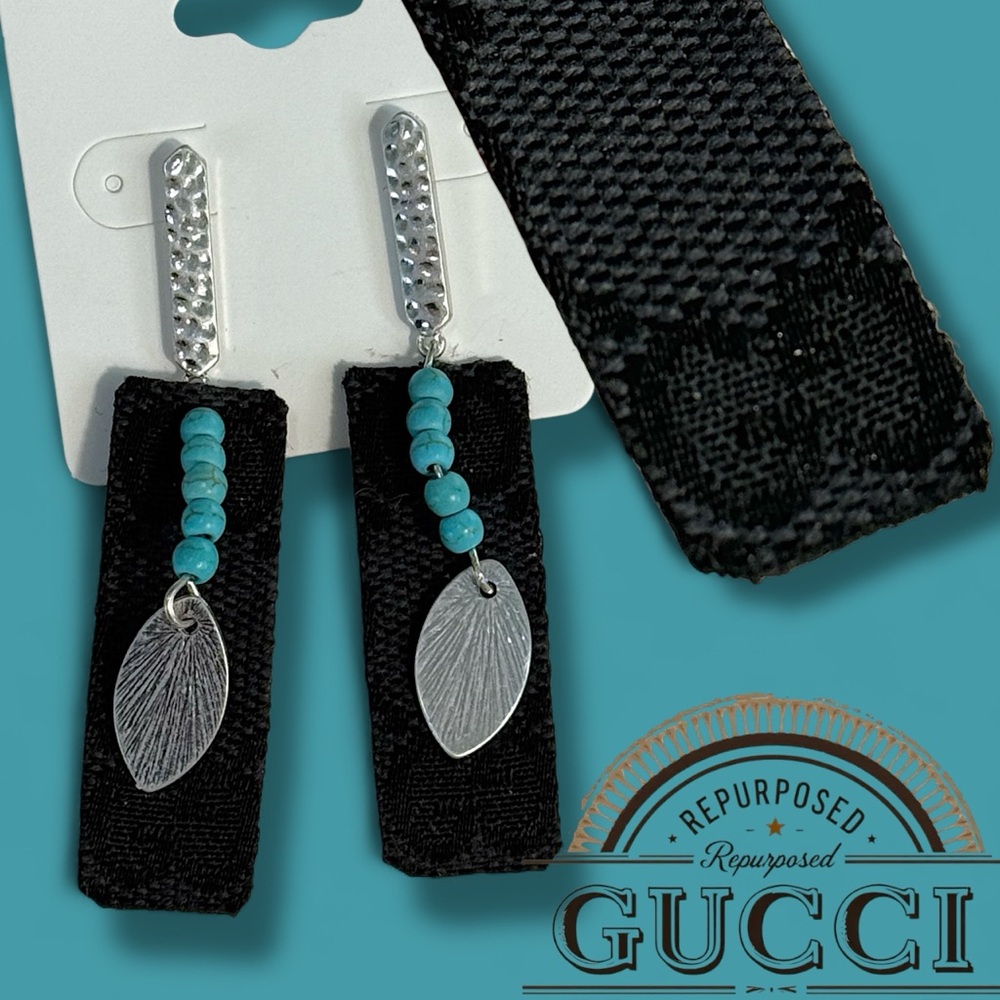 Gucci upcycled Black and Silver Earrings with Turquoise Accents